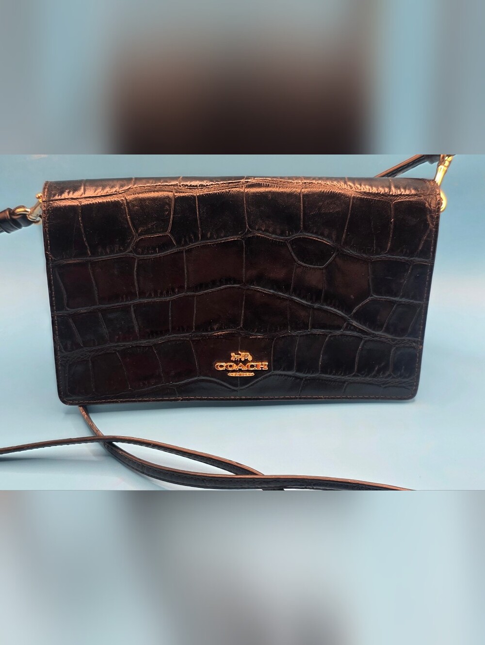 Coach Black Croc-Embossed Leather Crossbody with Gold Hardware